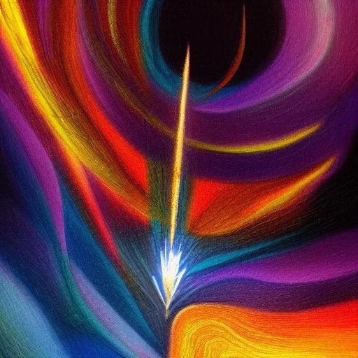 Depiction of a flame or spark amidst a flurry of color